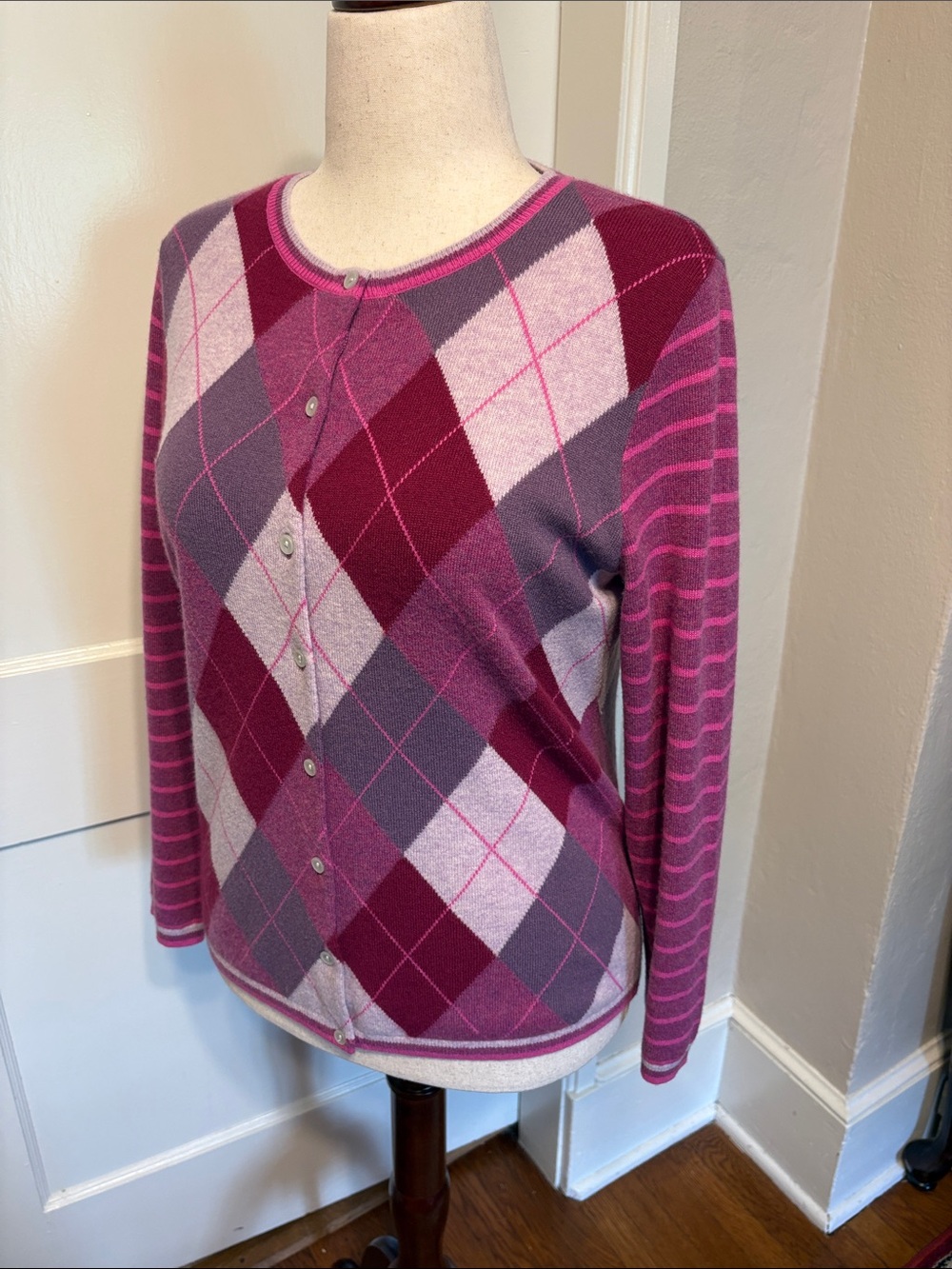 Lands' End Argyle Button-Front Cardigan in Pink and Purple - Picture 4 of 5